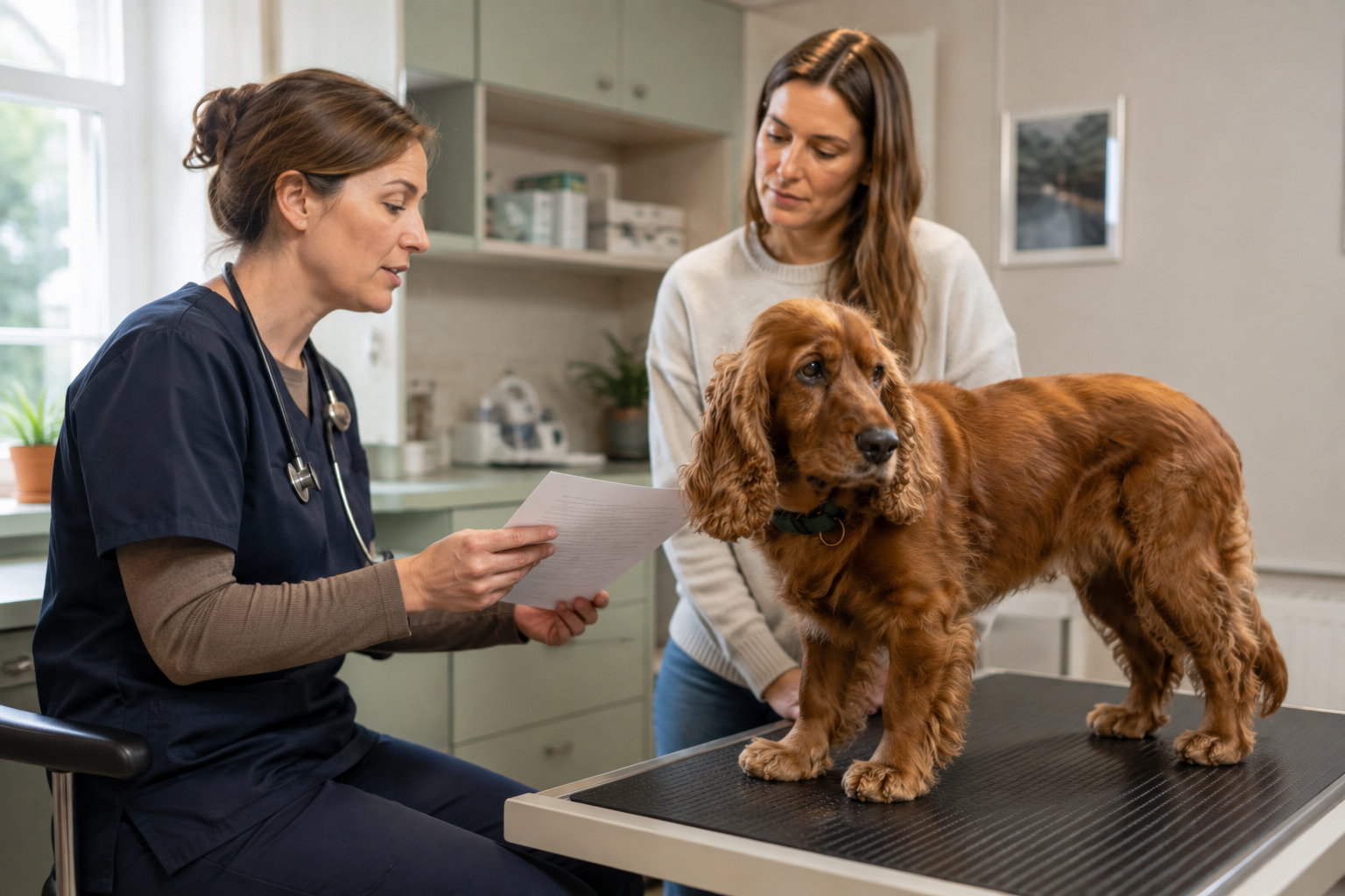 Veterinář probírá s majitelkou vyšetření štítné žlázy u psa